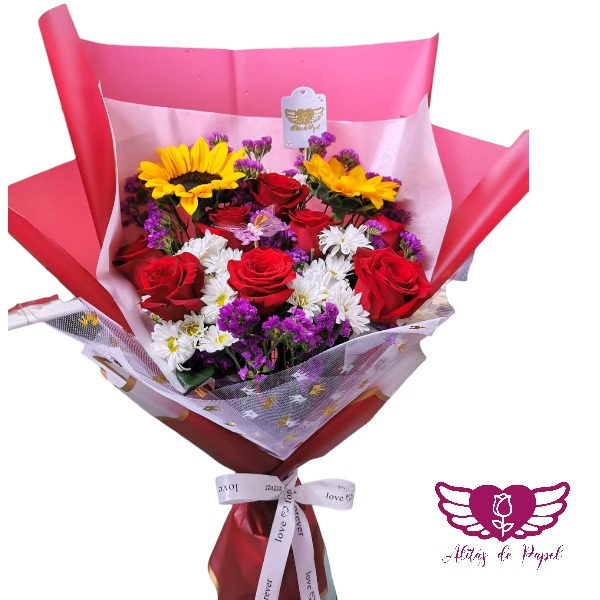 7: Ramo de Rosas y Girasoles Frescura Primaveral: Alegr?a y Belleza en un Regalo ?nico 2 Experimenta la frescura de la primavera con nuestro "Ramo de Rosas y Girasoles Frescura Primaveral". Este regalo combina 8 hermosas rosas, 2 brillantes girasoles, margaritas, papelillo y más. Envuelto en papel impermeable personalizado y decorado con listón y maya, es el regalo perfecto para celebrar la vida y alegrar los corazones.