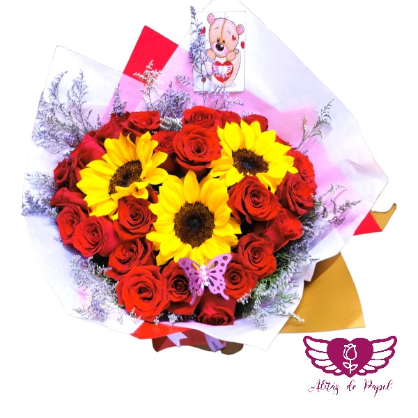 Ramo de 3 Girasoles y 24 Rosas: El Ramo de la Felicidad para Ocasiones Especiales 1 Celebra la vida y el amor con nuestro "Ramo de Girasoles y 24 Rosas". Este regalo impresionante incluye 24 rosas cuidadosamente seleccionadas y 3 radiantes girasoles. Combinado con follaje de estación, envoltura en papel impermeable personalizado y una tarjeta de dedicatoria, es la elección perfecta para momentos significativos.