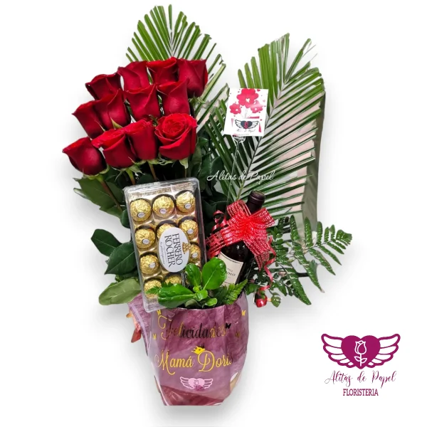 box elegance, rosas elegantes, box floral, Ferrero Rocher, vino de lujo, regalo gourmet, ocasiones especiales, elegancia floral, sorpresa única, celebración con estilo.